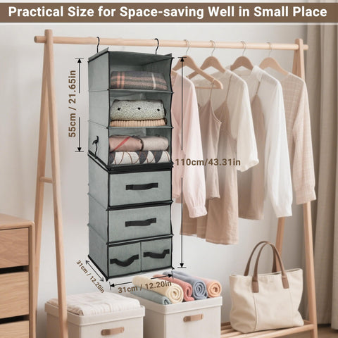 6-Tier Hanging Wardrobe Organiser with 5 Removable Drawers & 3 Side Pockets – Heavy-Duty Fabric Storage Shelves