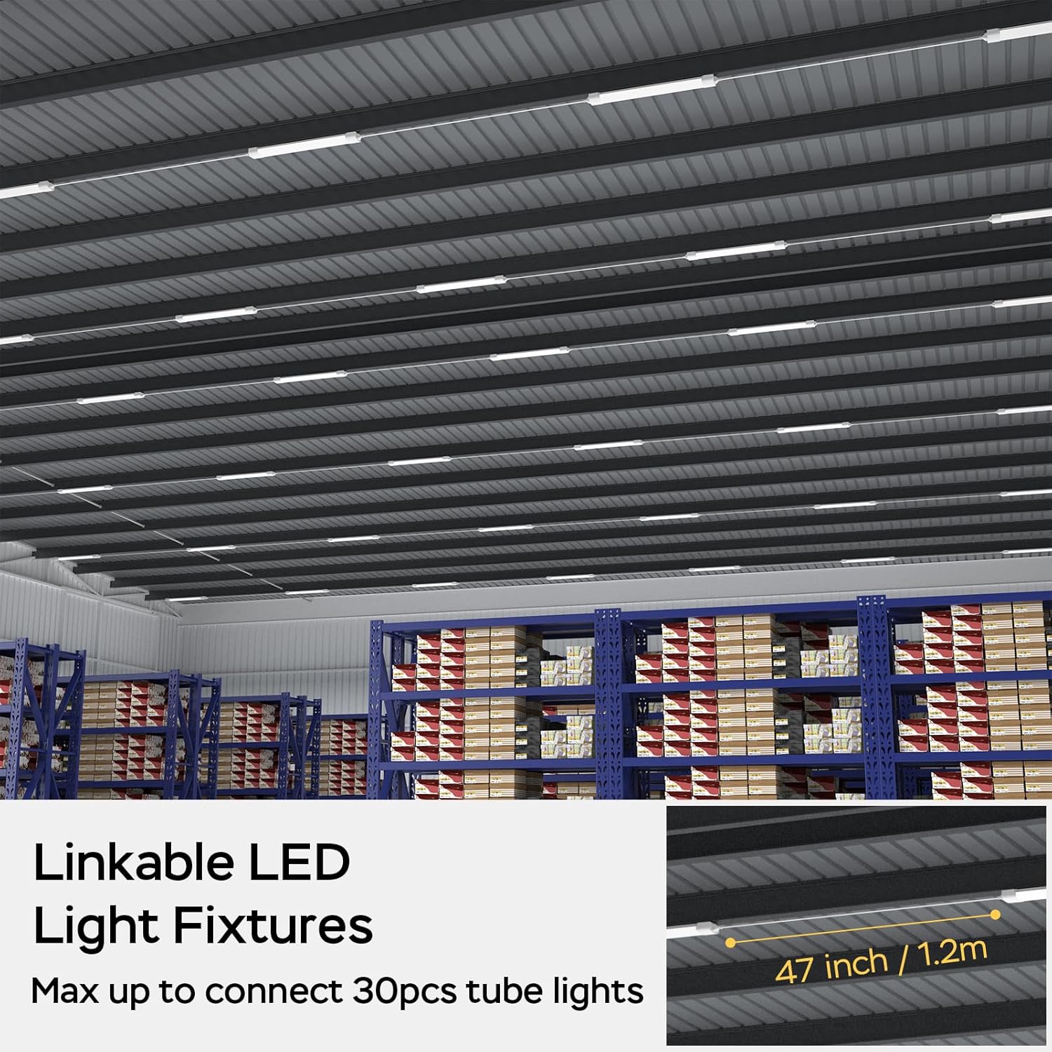 Warehouse interior with Linkable LED Light Fixtures on the ceiling