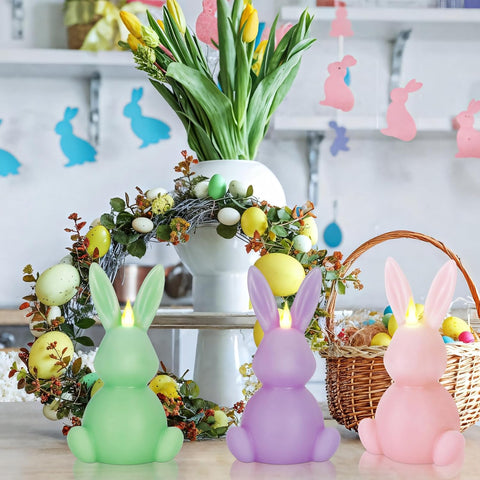 Easter Bunny Flameless LED Candles Set of 3, Real Wax Carved Scented Bunny Shape Decorative Candles for Home Table Centerpiece