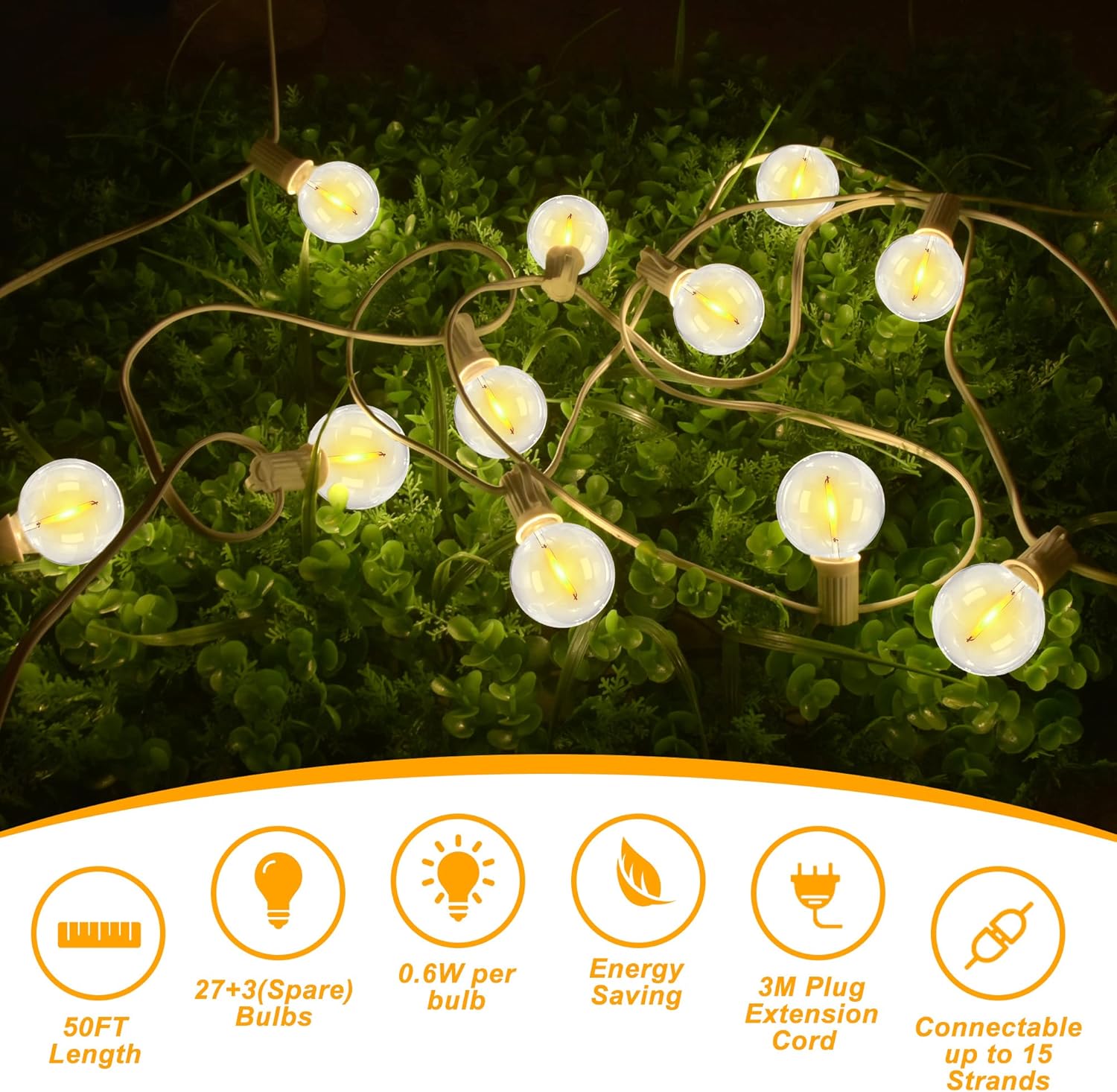 String Lights Mains Powered: 50ft Festoon Lights with White Cable 27+3 Plastic G40 Globe LED Bulbs Connectable Decorative Lighting Warm White 2700K for Wedding, Party, Cafe
