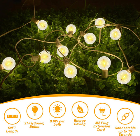 White cable festoon lights draped across outdoor wedding tent


