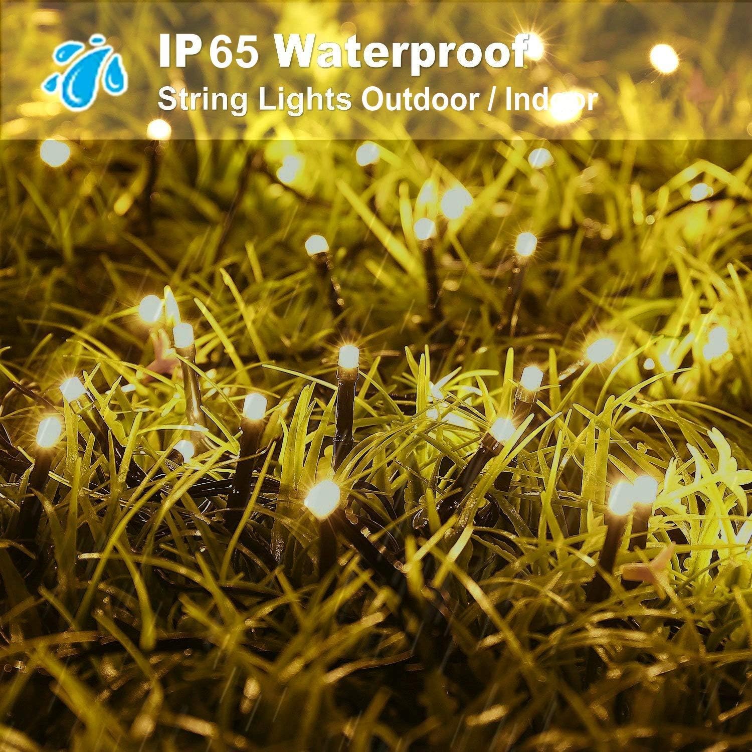 String lights on grass with 'IP65 Waterproof' text overlay
