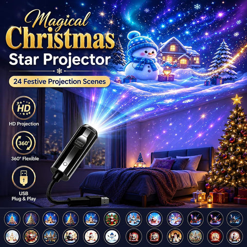 Christmas Projector Indoor 360° HD Scene Projector with 24 Christmas Projection Films – USB Festive Projection Light for Walls, Ceilings & Parties