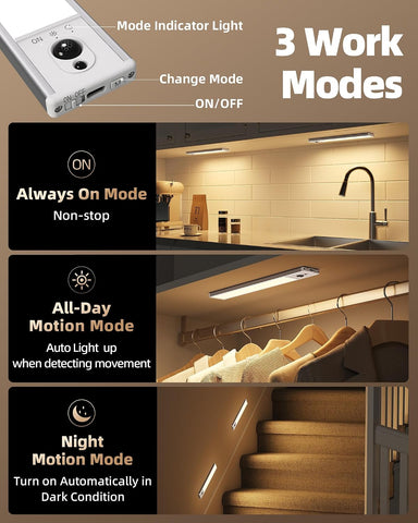 5 Pack Motion Sensor Under Cabinet Kitchen Lights – 2400mAh Rechargeable Wireless LED Cupboard Lights with Remote, Dimmable 3500K Warm White - Light Up Dark Spaces Without Reaching for the Switch