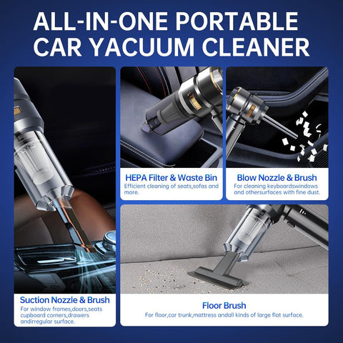 4-in-1 Cordless Handheld Mini Vacuum | 23000Pa Powerful Suction Portable USB Rechargeable Cleaner for Car, Home, Office & Pet Hair | Lightweight Compact Design (Black)