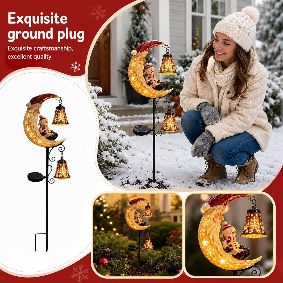 Solar Powered Christmas Moon Garden Stake Light, Metal Outdoor Decorative Pathway Lighting, Waterproof Holiday Landscape Lamp for Patio Lawn Yard Walkway Decoration，2PCS