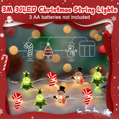 Christmas Tree Snowman & Candy Cane Lights | 3M 30LED Battery Operated Fairy String Lights for Indoor Outdoor Xmas Party Home Decorations