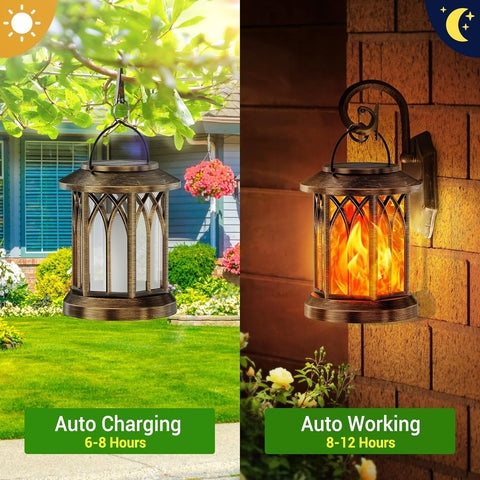 Solar Garden Lanterns Outdoor 2 Pack – Hanging Flickering Flame LED Lights, Waterproof Decorative Pathway Lighting Ornaments