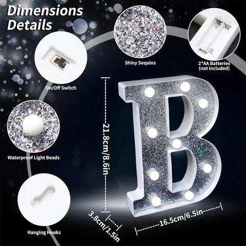 B Style LED Marquee Lamp, Silver Glitter Light Up Letter Sign, Battery Powered Tabletop Decorative Letter Light with On/Off Switch for Wedding, Birthday, Party and Home Decor