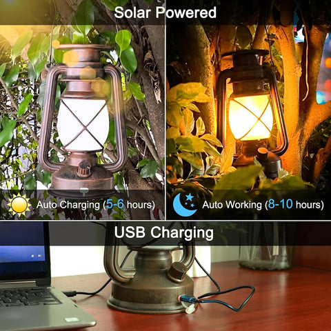 Solar Lantern Outdoor, Flickering Flame LED Vintage Lanterns 2Pack