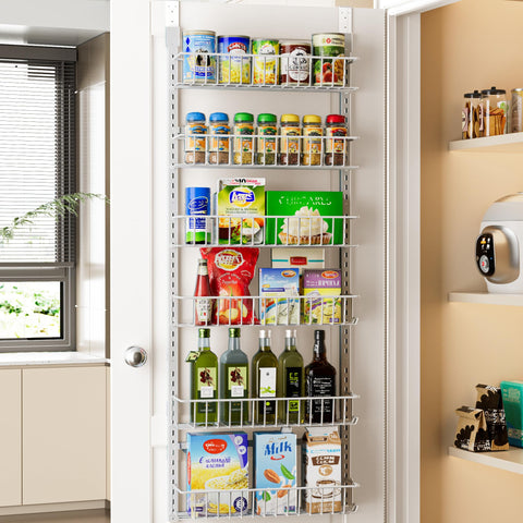 Delamu 8-Tier Over Door Storage Organiser, Adjustable Metal Pantry Shelves, Hanging Spice Rack for Kitchen, Bathroom & Laundry, White