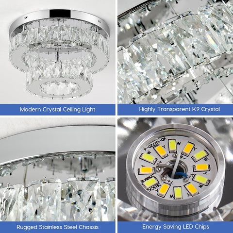 Crystal LED Ceiling Light 30cm, Modern Flush Mount Chandelier 30W