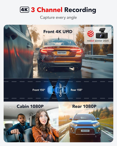 REDTIGER F17 4K 3-Channel Dash Cam with GPS & 64GB Card – Black