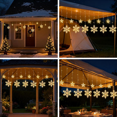 Christmas Window Curtain Lights 3.5M, 138 LED Stars & Snowflake Fairy String Lights with 8 Flashing Modes, USB & Battery Operated Warm White Christmas Tree & Wedding Decor