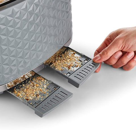 4 Slice Toaster – High Gloss Geometric Design, Defrost & Reheat, Wide Slots, Removable Crumb Tray – Grey