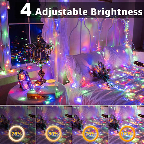 Bedroom with colorful string lights and adjustable brightness indicators.