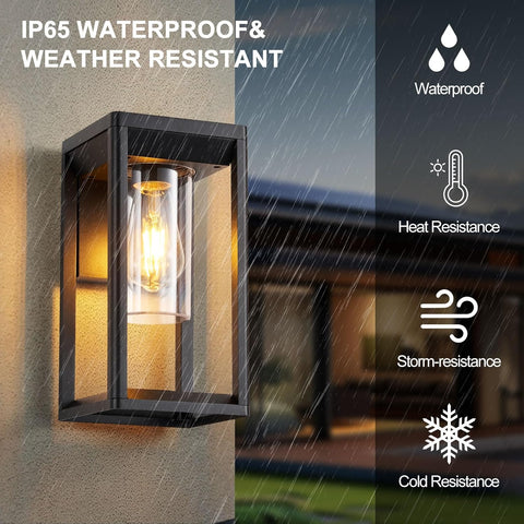 Outdoor wall light fixture with rain simulation and weather resistance features on a house exterior.