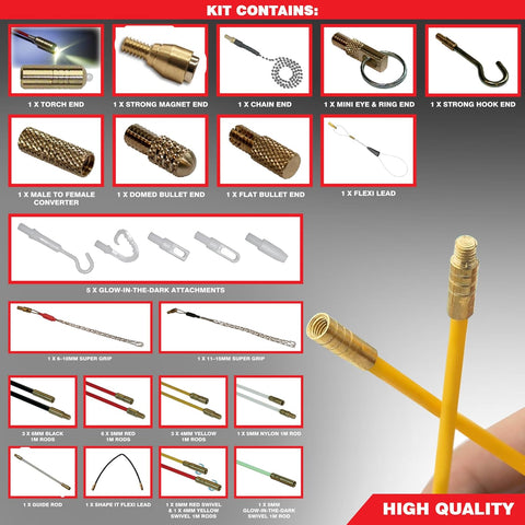 Super Pro 16M Cable Access Rod Set 17Pc Attachments Electrical Wire Puller Fish Tape Kit – 16 x 1M Fibreglass Rods With Storage Case