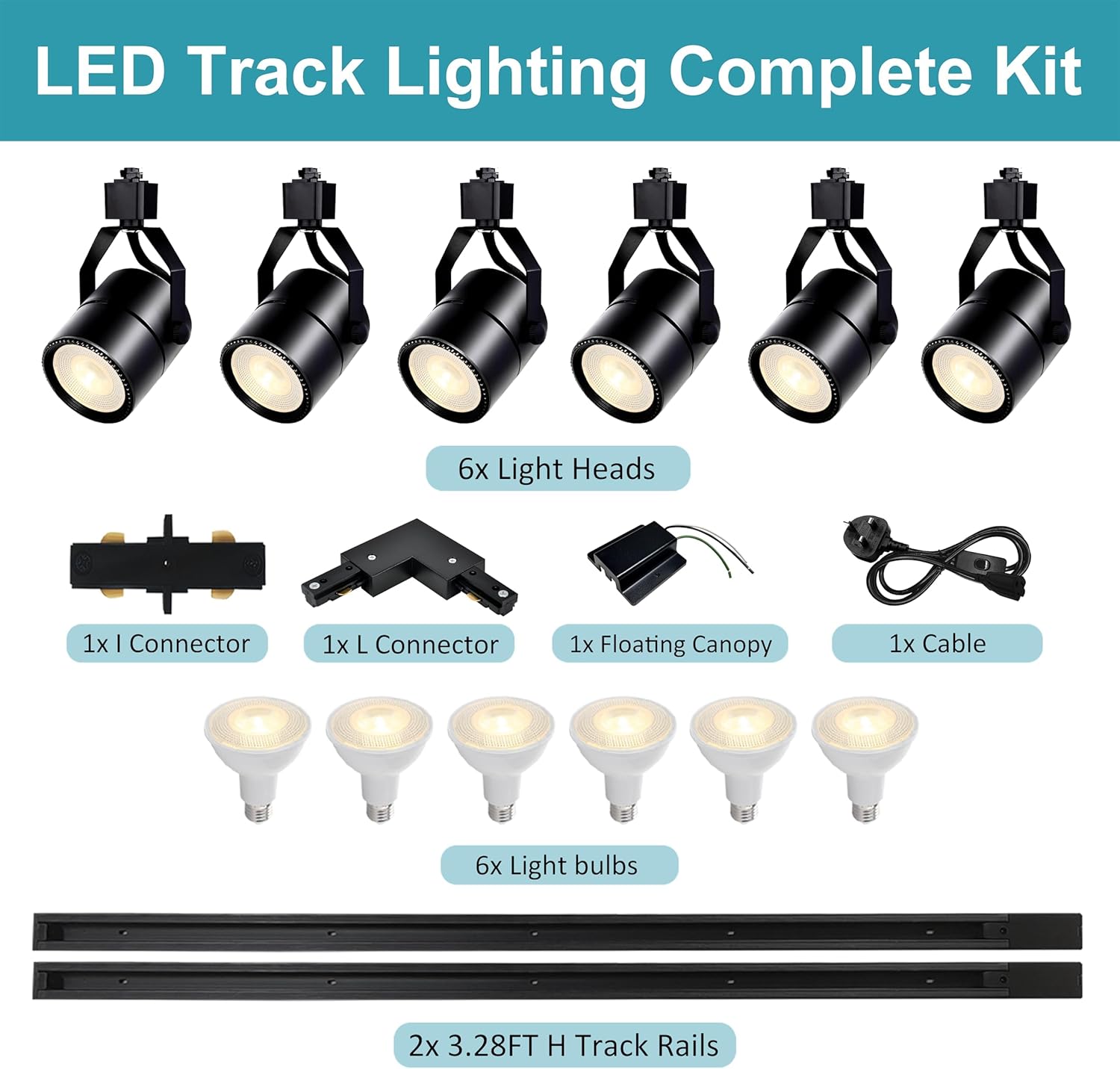 LED track lighting complete kit with light heads, connectors, cables, light bulbs, and track rails on a white background.