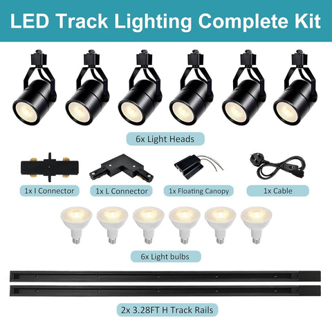 LED track lighting complete kit with light heads, connectors, cables, light bulbs, and track rails on a white background.