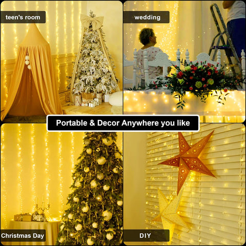 300 LED 3m x 3m Battery Operated Curtain Lights – Warm White Indoor Fairy Lights with 8 Modes, Adjustable Brightness & Remote Control
