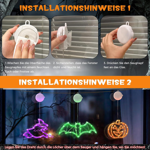 CNMTCCO Halloween Window Lights Set of 3 – Battery Operated LED Pumpkin, Bat & Witch Decorations with 6-Hour Timer and Suction Cups for Indoor Windows