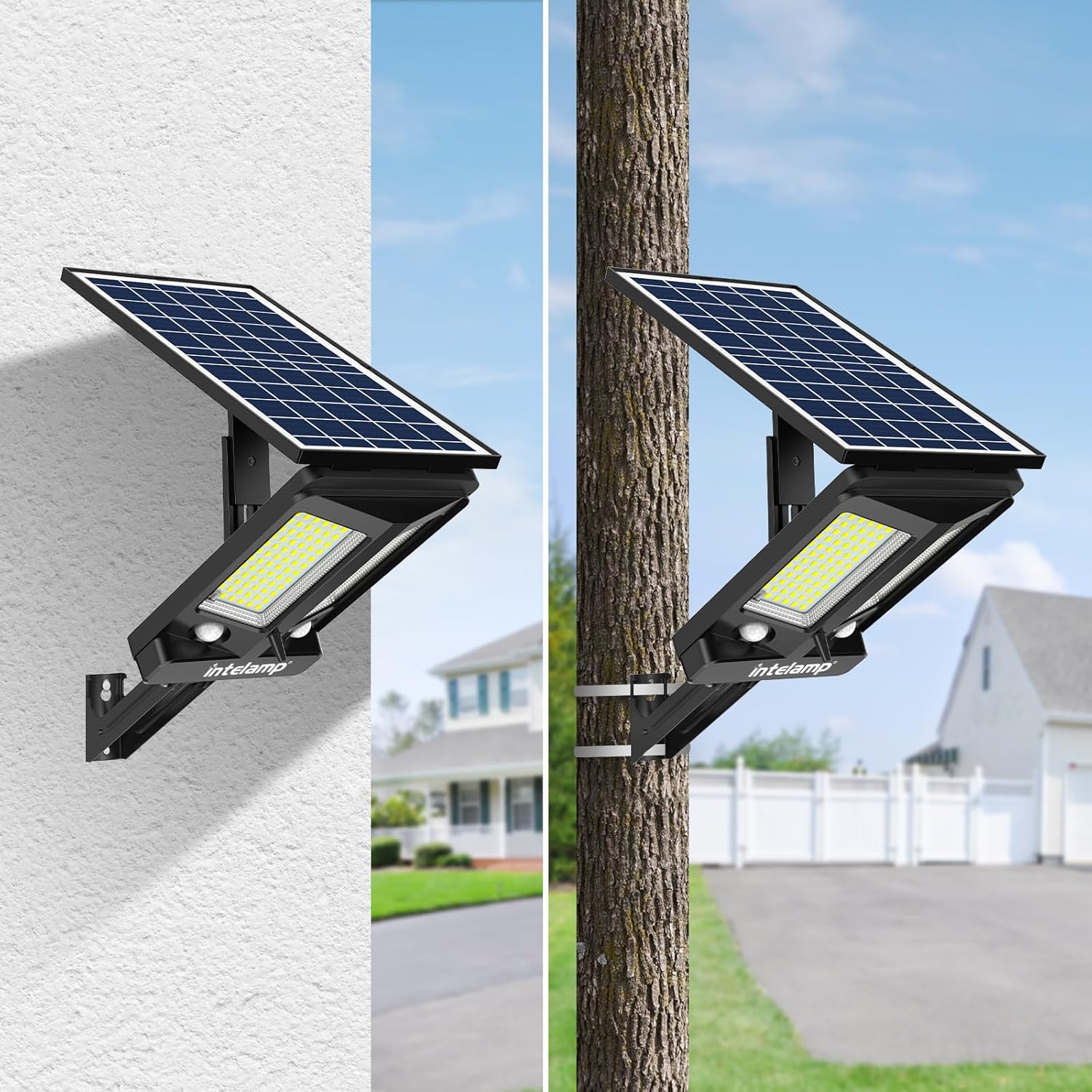 Solar lights attached to a wall and tree, with a house in the background.