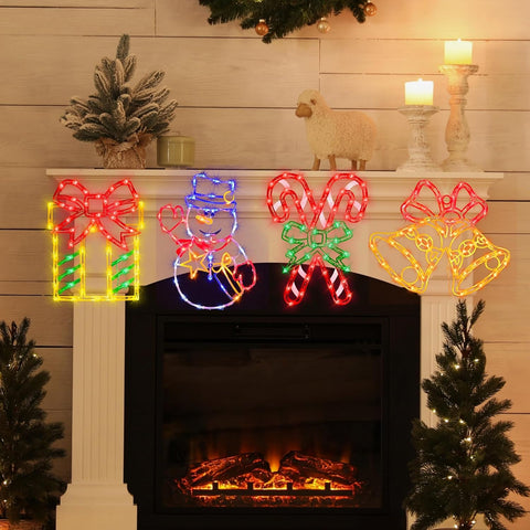 Pytopkto Christmas LED Window Silhouette Lights Set of 4 – Bell, Candy Cane, Snowman & Gift Box – Indoor & Outdoor Decorations