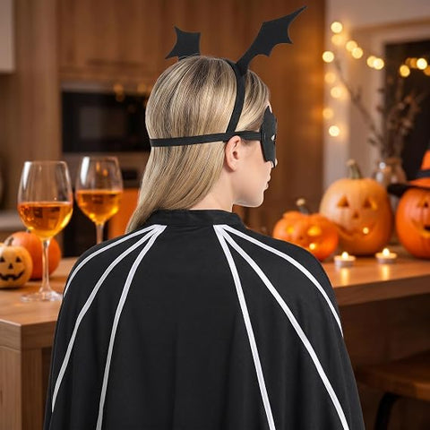 Bat Woman Costume for Adults – Black Bat Wings, Cape, Hairband & Eye Mask Halloween Fancy Dress Costume for Women