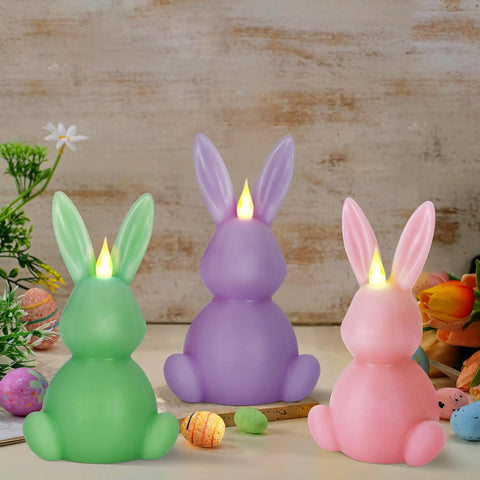 Easter Bunny Flameless LED Candles Set of 3, Real Wax Carved Scented Bunny Shape Decorative Candles for Home Table Centerpiece