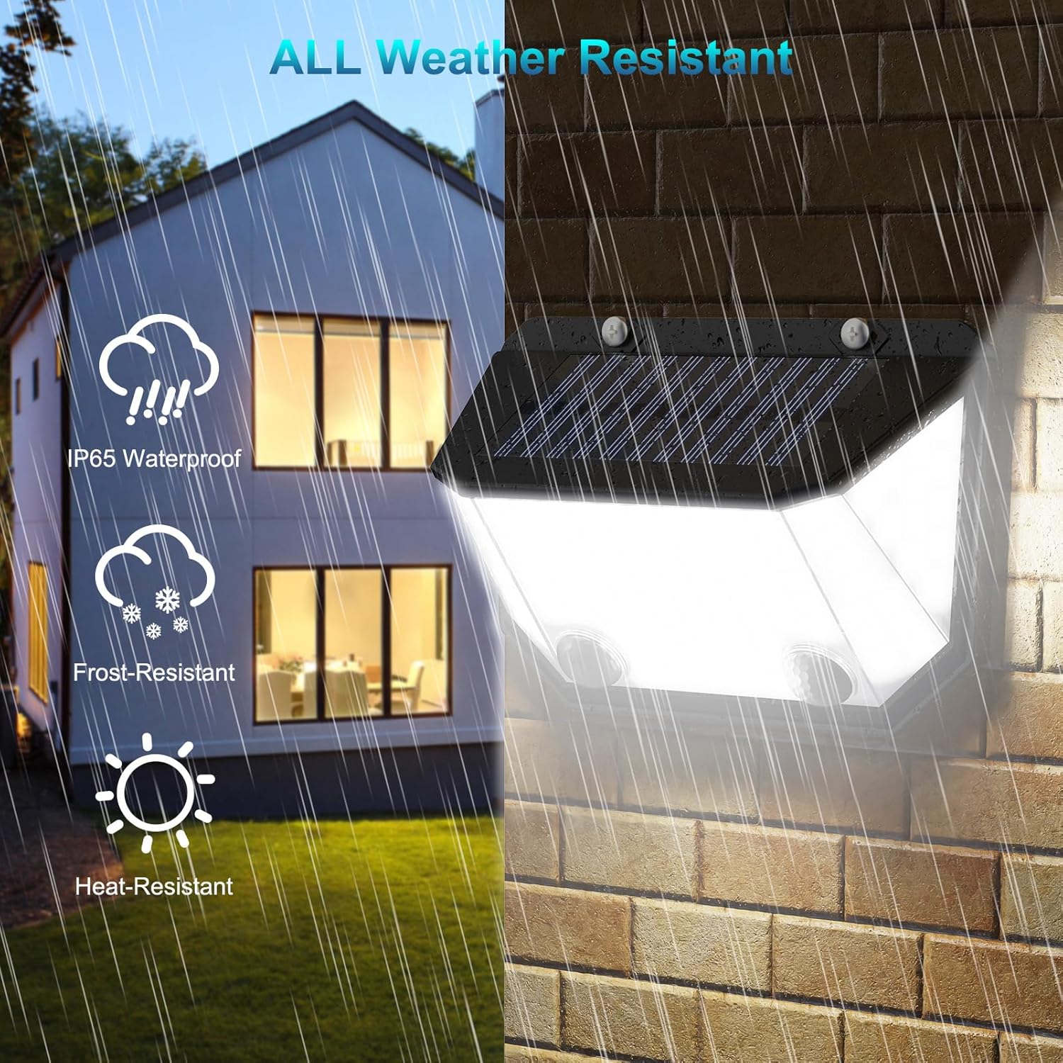 Solar panel on a house exterior with weather resistance features highlighted