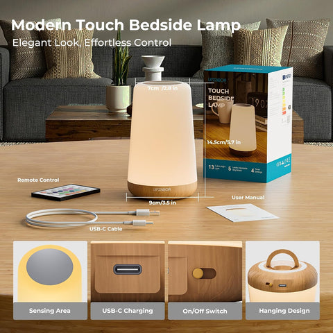 Night Light LED Touch Bedside Lamp with Remote Control – 13 Colour Changing Rechargeable Table Lamp with 5 Brightness Levels, Timer & Hanging Hook for Bedroom, Living Room & Kids