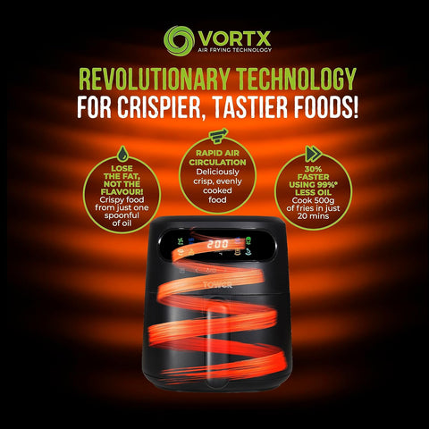 Tower T17125 Vortx 3L Digital Air Fryer – 1200W, Colour Display, Touch Controls & 7 One-Touch Presets, Healthy Low-Oil Cooking, Black