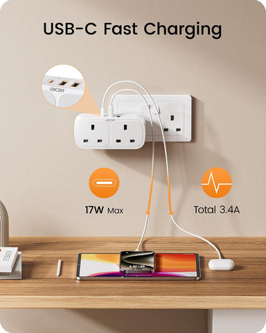 LENCENT Double Plug Adapter with 3 USB Ports – UK 2-Way Socket Extender with USB-C, 13A 3250W – Make One Wall Socket Work Harder for Your Everyday Life