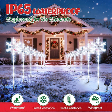 Solar Lights Outdoor Christmas Decorations 6 Pack - 96 LEDs Solar Christmas Snowflake Pathway Lights Outdoor 8 Lighting Modes, Waterproof Xmas Lights for Garden Yard, Cool White
