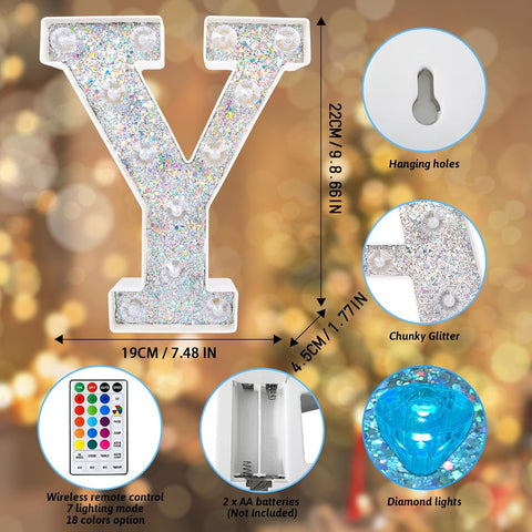 Y Style Color Changing LED Letter Light, Glitter Marquee Lamp with 18 Colors, Remote Controlled, Battery Powered Decorative Letter Light for Party, Wedding, Birthday and Home Decor