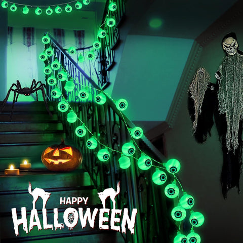 5M 30 LED Halloween Eyeball String Lights – Battery Powered Green Outdoor Halloween Decorations with 8 Lighting Modes for Garden, Porch, Fence & Parties