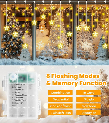 LITOHOM Christmas Window Star Lights – 76 LED Warm White Curtain Lights with 8 Modes & 6-Hour Timer - Turn Your Windows into a Twinkling Christmas Welcome