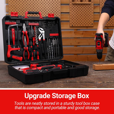 Cordless Drill Tool Kit Set: DEKO 20V Power Drill Tool Box with Battery Electric Drill Driver for Men Home Hand Repair Basic Toolbox Tools Sets Drills Case,186 Pieces(Red)