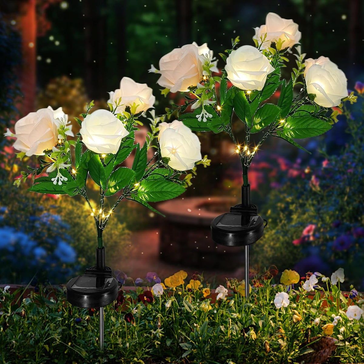 2 Pack Rose Solar Flower Outdoor Lights, Waterproof IP65 Garden Light, Rose Petal Design for Patio, Yard, Fence, Garden Ornament，Mother Birthday Gifts.（Champagne White ）