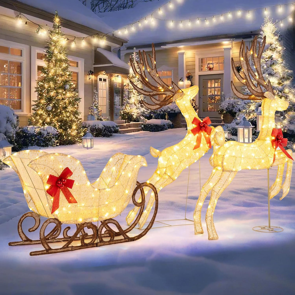 COSTWAY Light Up Reindeer Sleigh with 280 Warm White LED Lights – Outdoor Christmas Decoration