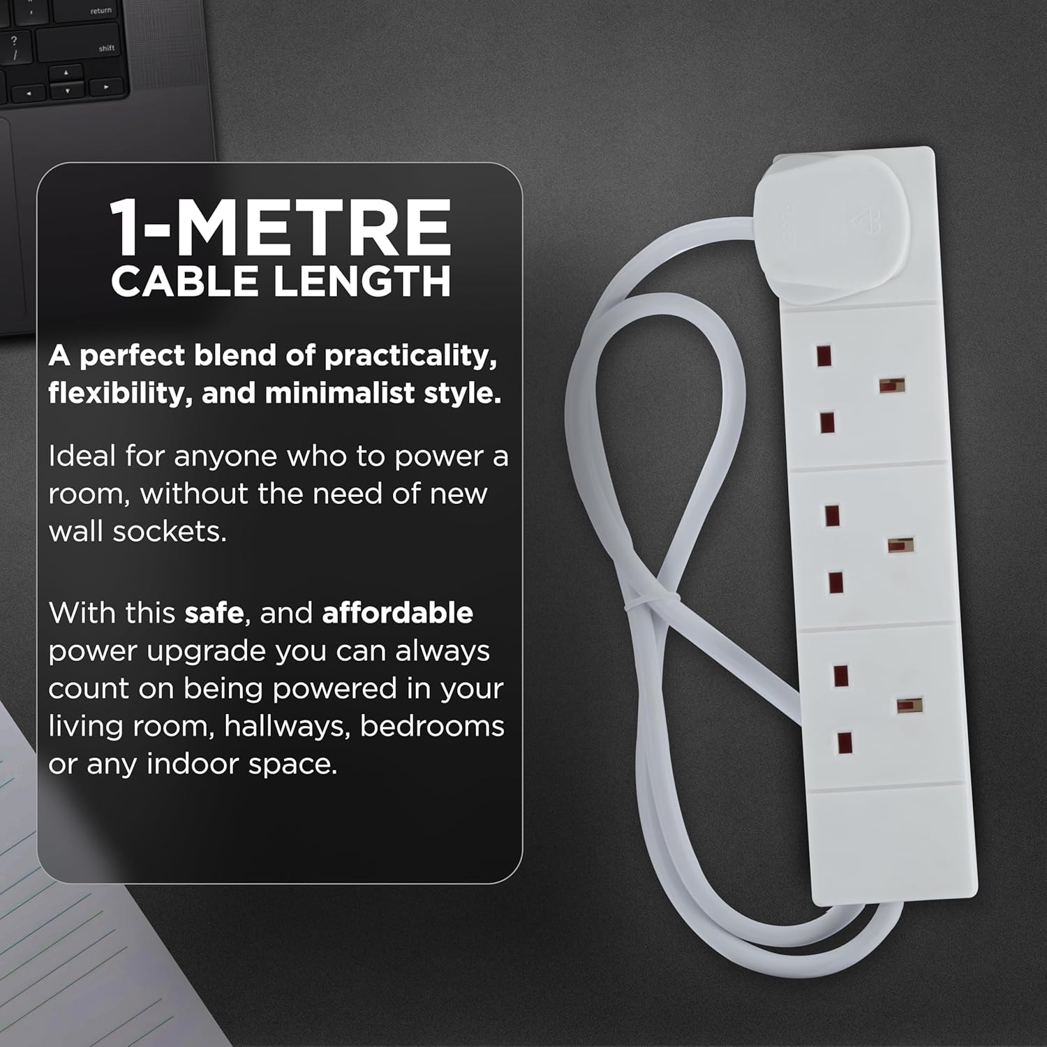 White power strip with 1-metre cable length on a dark background