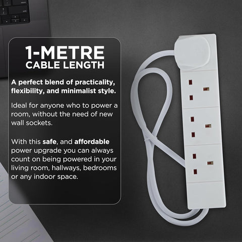 White power strip with 1-metre cable length on a dark background