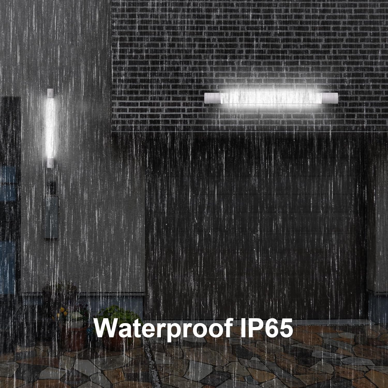 Outdoor shower area with waterproof IP65 feature during rain.