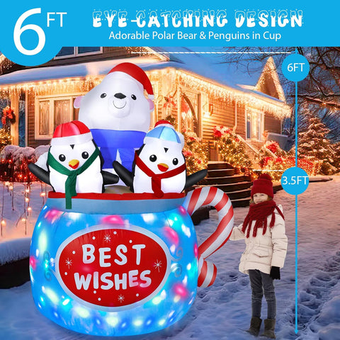 6FT Christmas Inflatable Polar Bear & Penguins Decoration with LED Lights