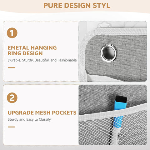 2 Pack Foldable Wall Hanging Storage Bags with 4 Hooks, Cotton-Linen Organisers with Waterproof PE Lining, 3 Pockets Each for Bathroom, Bedroom and Wardrobe, Beige