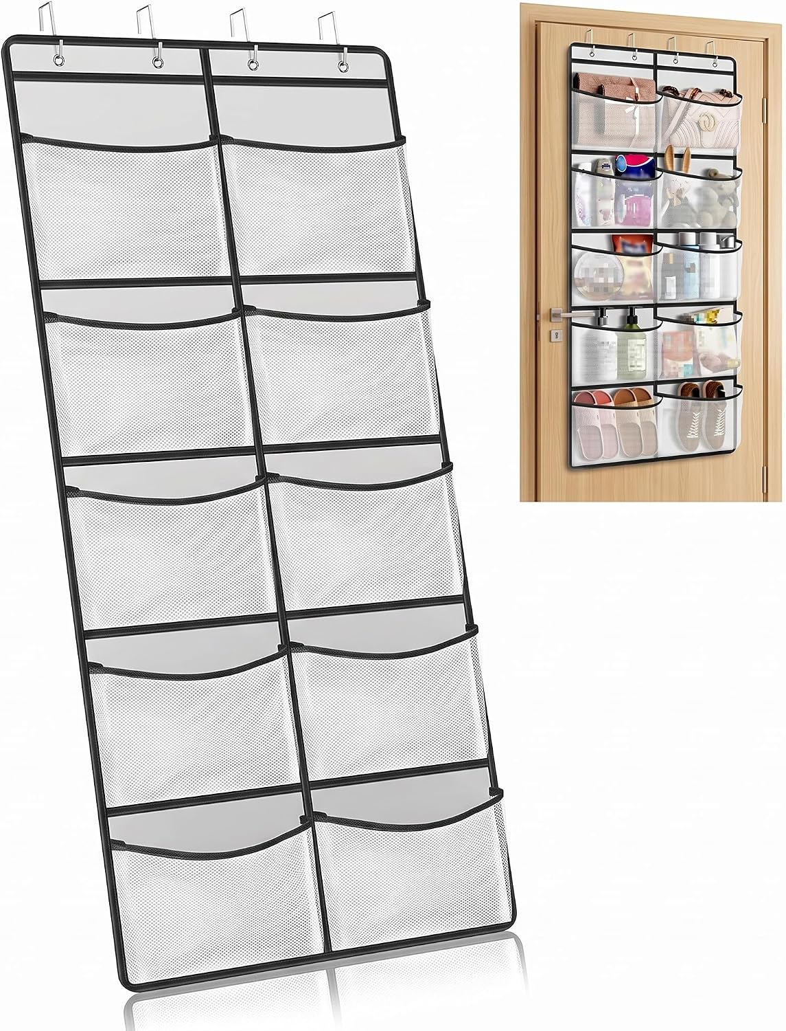 Lyyixbix Hanging Storage Organiser, 10 Extra-Large Mesh Pockets, 126 × 55cm, Grey and White Over Door Shoe Rack with 4 Hooks for Clothes, Toys and Bathroom Essentials