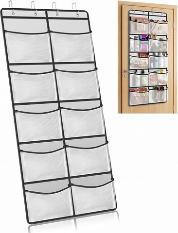 Lyyixbix Hanging Storage Organiser, 10 Extra-Large Mesh Pockets, 126 × 55cm, Grey and White Over Door Shoe Rack with 4 Hooks for Clothes, Toys and Bathroom Essentials