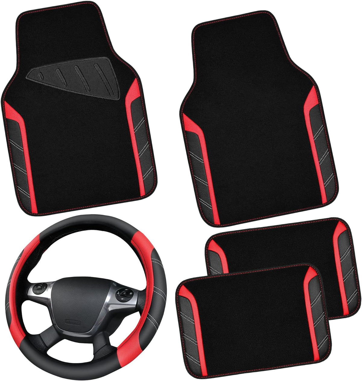 Leather Steering Wheel Cover and Car Floor Mats Set