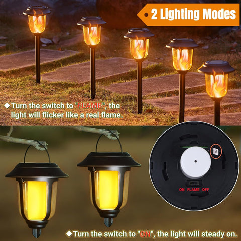 Dynaming 6 Pack Solar Flickering Flame Pathway & Hanging Lantern Lights, Black Plastic, Auto On/Off, Waterproof for Outdoor Decoration